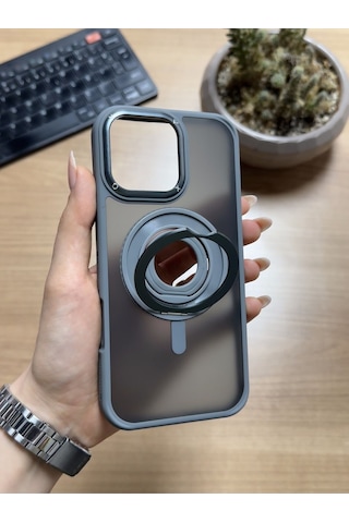 Apple iPhone Uyumlu 16 Pro Standlı Ve Yüzüklü Magsafe Kılıf Soocase721 Gri
