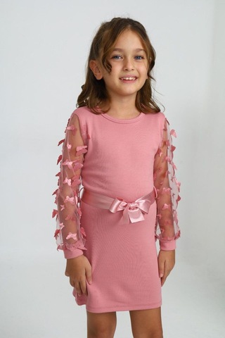 Belden Bağlamalı Tül Detaylı Çocuk Elbise Mykids Collection Pembe