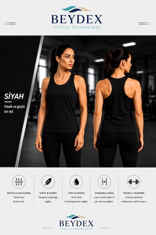 Beydex Bisiklet Yaka Sıfır Kollu Standart Kalıp Kadın Spor Atlet Siyah