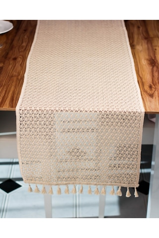 Pamuk Örme Püsküllü Krem Dantel Runner 35x145 Cm Sunum Örtüsü