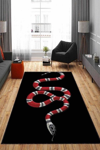 Siyah Kaymaz Taban Yıkanan Gucci Desen Mutfak Halısı Ar1168n11