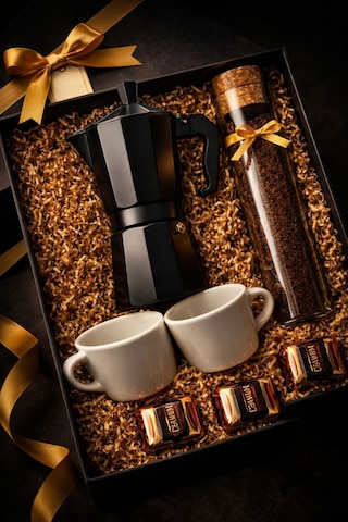 Siyah Moka Pot 3 Cup 150 Ml Kahve Hediye Seti Özel Filtre Kahve Ve 2'li Fincan Konsept Kutu