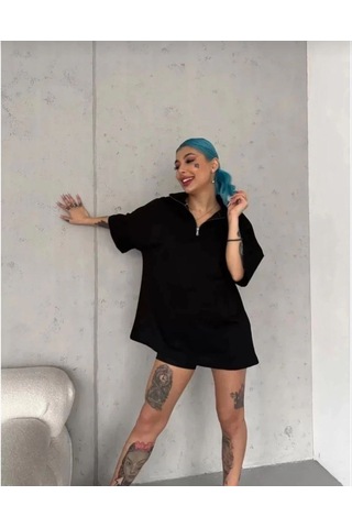 Vinevesta Kadın Yarım Fermuarlı Tişört Düz Oversize T-shirt - Siyah Çok Renkli