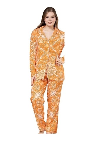 Yaren Collection Pamuklu Kadın Pijama Takımı Uzun Kollu Nefes Ala Turuncu
