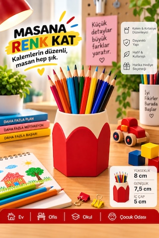 Kalemlik Renkli Kurşun Kalem Tasarımlı, 3d Baskı Kırmızı
