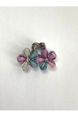 Karışık Renkli Taşlı Çiçek Gümüş Detaylı Metal Mandal Toka 4 Cm Çok Renkli