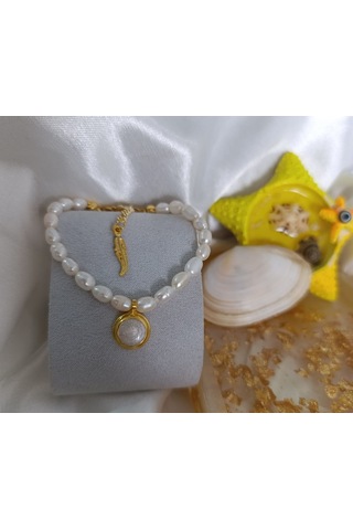 Sedef Dolgulu Altın Kaplama Gerçek İnci Tasarım Kolye El Yapımı Çok Renkli