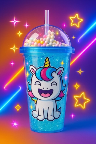 Renkli Boncuklu Unicorn Tasarımlı Pipetli İçecek Bardağı Çocuklar İçin Sevimli Suluk Mavi 2646 Çok Renkli
