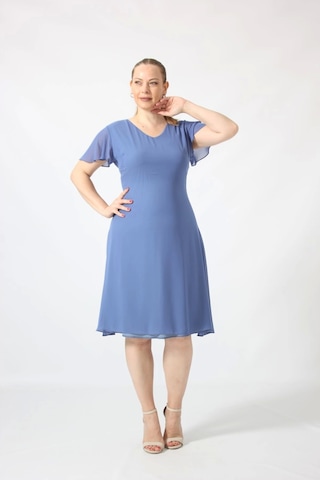 Moda Berray 3297 İndigo Kolu Fırfırlı Bele Oturan Astarlı Şifon Elbise İndigo