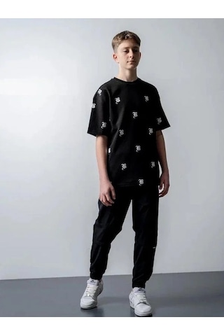 Zekids Erkek Çocuk Harf Baskılı Oversize Tshirt-15546 SIYAH