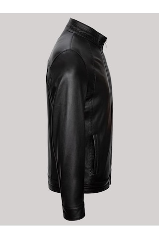 Hakiki Kuzu Derisi Siyah Erkek Deri Mont Düz Slim Fit Hakim Yaka Deri Ceket Siyah