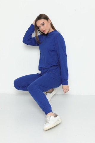 Myben Kadın Bisiklet Yaka Pamuklu Uzun Kollu Pijama Takımı 28244 Saks