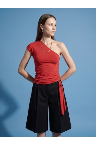 Dilvin 32877 Tek Omuzlu Tokalı Top-kırmızı