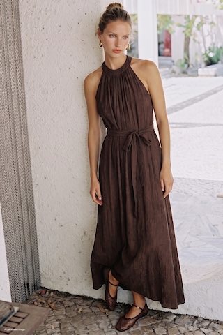 Sateen Kuşaklı Elbise - Kahve-137740