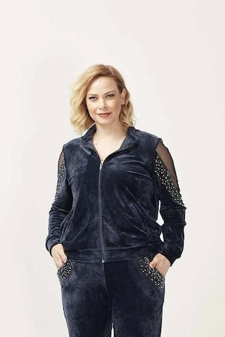 1950 Kolları Taşlı Tam Kalıp Tarz Kadife Büyük Beden Eşofman Takım Lacivert Lacivert