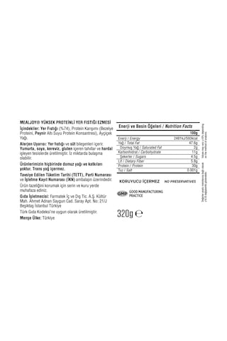 Protein İçeren Fıstık Ezmesi Sade 320 Gr