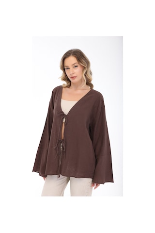 Blayn Jeans Blayn Kadın Keten Kimono Oversize Rahat Kalıp Yazlık Uzun Kollu Kimono Kahverengi