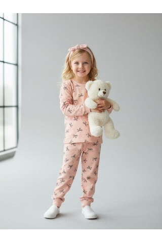 Kız Çocuk Pamuklu Fiyonklu Pijama Takımı-16829 Pudra