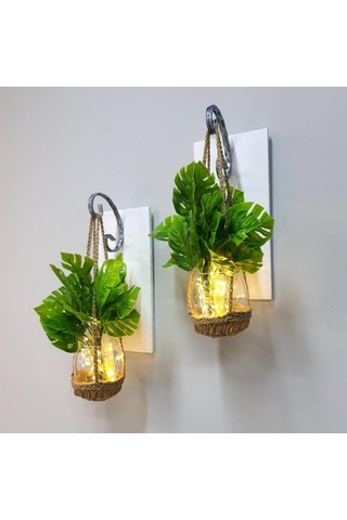 Duvar Dekoru, Led Işıklı, Deve Tabanı Çiçekli, Beyaz Aplik İkili Set