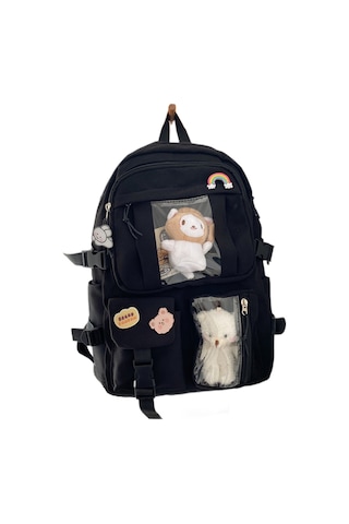 Yifomall Siyah Nilon Çift Omuz Çantası - 2 Figür + 4 Rastgele Badge, Çoklu Cepli, Şeffaf Pencere, Ayarlanabilir Askılar, Öğrencilere Ve Sevimli Stilleri Severlere Uygun Siyah