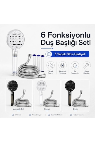 Sogud Duş Başlığı Seti Beyaz - 150 Cm Hortumlu Filtreli Arıtmalı El Duşu - 6 Fonksiyonlu Yüksek Basınçlı Mod Çok Renkli