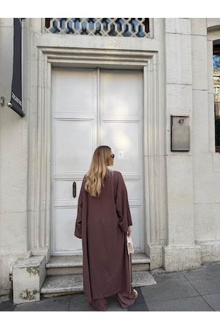 Bonacosa Kadın Viskon 3 Lü Takım Kimono + Beli Lastikli Salaş Pantolon + Crop 8 Renk Kahverengi