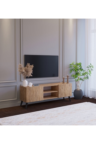 Ahşap Görünümlü Mdf 2 Kapaklı Raflı Tv Ünitesi