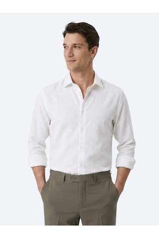Kip Beyaz Regular Fit Uzun Dokuma Casual Pamuk Karışımlı Gömlek