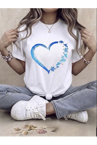 Mavi Kalp Baskılı Kompak T-shirt Beyaz