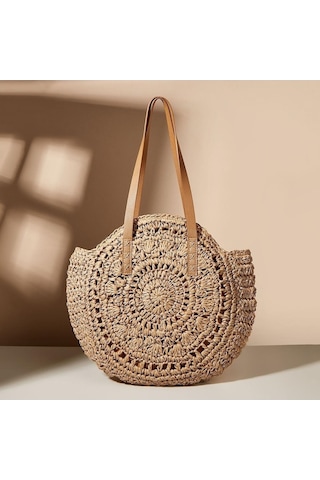 Novahub Bej Kadın Plaj Çantası, Hasır Omuz Çantası, 40x43cm, Tasarımcı Çiçek Desenli, Boş İç, Yogodlns, Omuz Çantası Bej