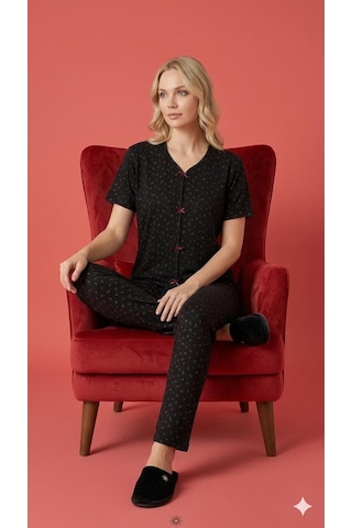Sleeproom Yazlık Siyah Çiçek Desenli Kısa Kol Penye %100 Pamuk Pijama Takım Siyah Çıtır Çiçek
