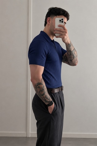 Tarz Cool Premium Fitilli Triko Polo Yaka Erkek Old Money T-shirt Lacivert