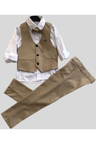 Zincirli Üç Düğme Erkek Çocuk Takım Elbise Bej