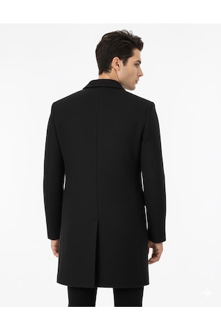 Süvari Slim Fit Sivri Yaka Erkek Koyun Yünlü Kaban Siyah