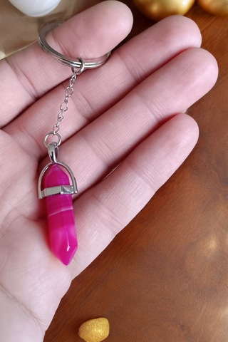 Pembe Akik Taşı Çivi Kesim Anahtarlık Orijnal Doğal Gerçek Taş Çelik Zincir Anahtarlık Doğal Taş