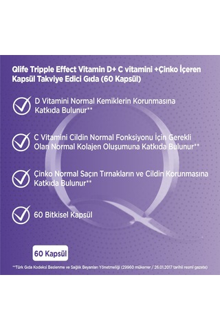 Qlife Tripple Effect Vitamin D Vitamin C Çinko 60 Kapsül