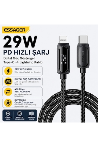 Essager 29w Pd Dijital Göstergeli Type-c To Lightning Hızlı Şarj Ve Data Kablosu 3a 480mbps Örgülü