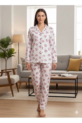 Kadın Düğme Detaylı Pijama Takım Beyaz