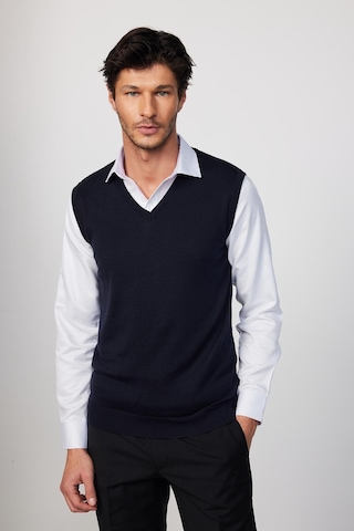 Tudors Slim Fit Dar Kesim V Yaka Kendinden Desenli Lacivert Erkek Süveter-29999 Lacivert