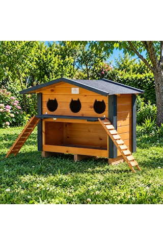 Ahşap 3 Yuvalı Mamalıklı Kedi Evi Dış Mekan