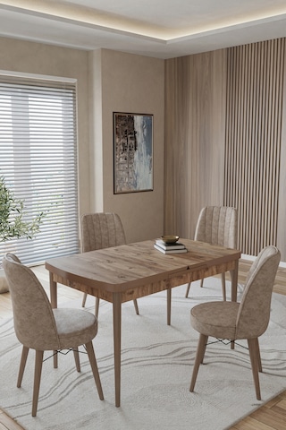 Toce Home Maslen Serisi 80x130 Açılır Masa Yemek Odası Takımı, Mutfak Takımı 4 Adet Sandalye Kahverengi