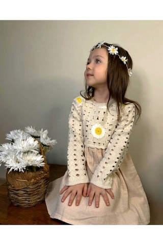 Kız Çocuk Çiçek Desenli Kroşe Müslin Pamuklu Prenses Hediye Doğum Günü Şık Elbise Bej
