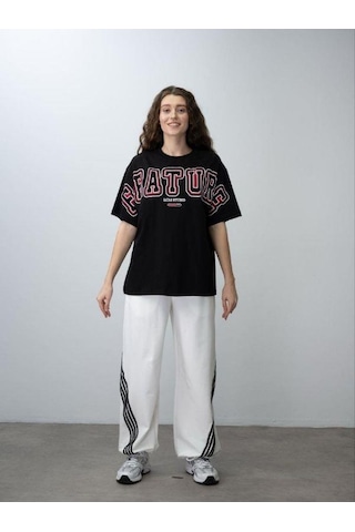 Kız Çocuk Future Baskılı Çizgili Oversize Eşofman Takım-15537 Siyah