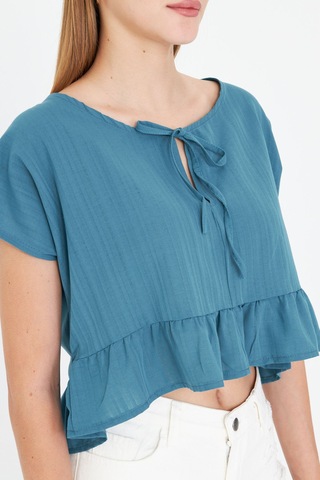 Armonika Kadın Petrol Yarasa Kol Yakası Bağlamalı Eteği Fırfırlı Oversize Crop Bluz Arm-24y001088