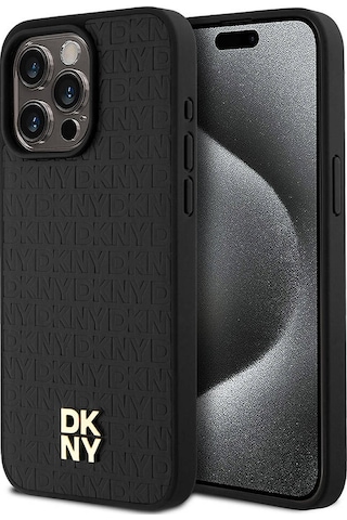 Apple Uyumlu iPhone 15 Pro Max Kılıf Dkny Lisanslı M-safe Şarj Özellikli 3d Yazılı Repeat Pattern Kapak Siyah