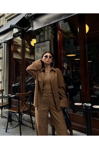 Süet Gömlek Palazzo Pantolon İkili Takım - Kahve Kahve