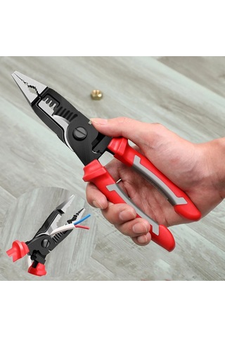 Ximistore9 Elektrikçi Çok İşlevli Pense: Telli Kablo Kesici, Telli Soyucu, Terminal Presleyici - El Aleti Kırmızı