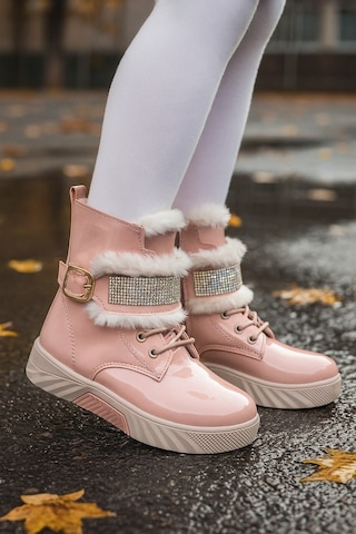 Günlük Kız Çocuk Rugan Bot Fermuarlı Lastik Bağcıklı Kürk Ve Taş Detaylı Kaymaz Taban Bootie 391 Pudra-rugan