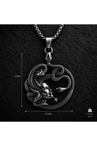 Antik Renk Paslanmaz Çelik Mitolojik Sanat, Özel Tasarım Yılan Figürlü Medusa Kolye Antrasit