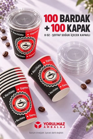 8 Oz Kapaklı Karton Bardak 100 Adet Soğuk İçecek Uyumlu Sızdırmaz Kağıt Bardak Renkli